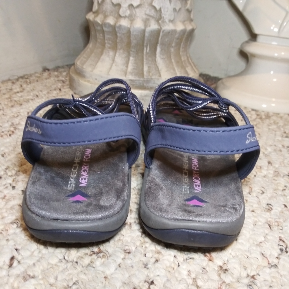 Skechers Reggae Slim "Stretch Slinky" Navy & Silver Washable Memory Foam Sandals - Picture 5 of 9